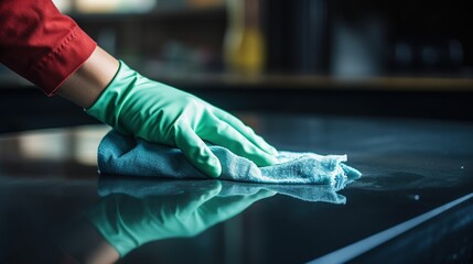 A close-up of hands meticulously cleaning a glass surface with a microfiber cloth, spray bottle in hand - obrazy, fototapety, plakaty