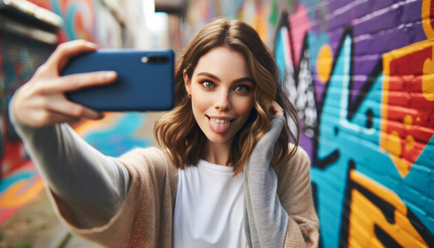 A playful young woman sticks out her tongue for a selfie against a colorful graffiti wall