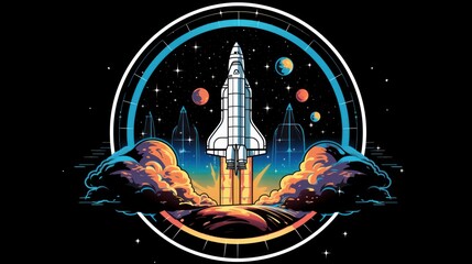 retro sci-fi spacex rocket in outer space, tshirt design, vector artwork, neon theme, in a circle, white background - obrazy, fototapety, plakaty