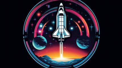 retro sci-fi spacex rocket in outer space, tshirt design, vector artwork, neon theme, in a circle, white background