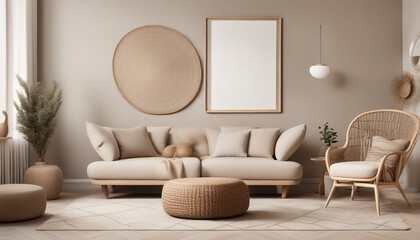 Living room interior with mock up poster frame, beige sofa, round wooden coffee table, rug, pouf,...