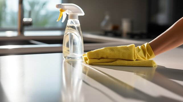 A close-up of someone wiping down a kitchen counter with a spray bottle and microfiber cloth, emphasizing the fine details of the cleaning process