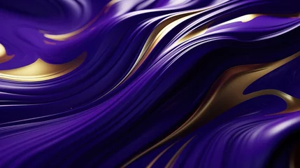 Fotobehang 3D violet with gold liquid background, fluid splash, swirl on dark. Close up glossy texture. Mix color liquid splashes © Boraryn
