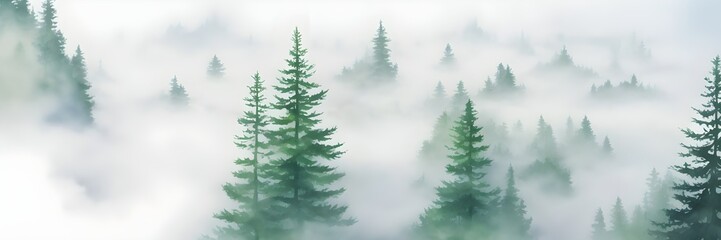 Abstract forest background. Forest with fog landscape background banner. Watercolor painting of foggy trees.
