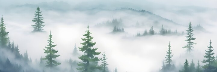 Fototapeta premium Forest with fog landscape background banner. Watercolor painting of foggy trees. Abstract forest background.