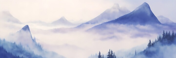Mountains with fog landscape background banner. Watercolor painting of foggy mountains. Abstract mountains background.