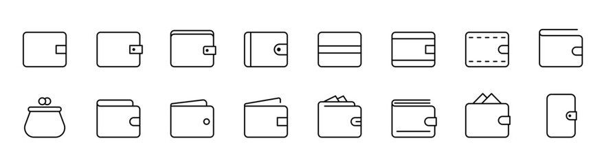 Wallet line icons. Billfold icon set. Set of wallet. Billfold collection in line. Editable stroke. Vector illustration.