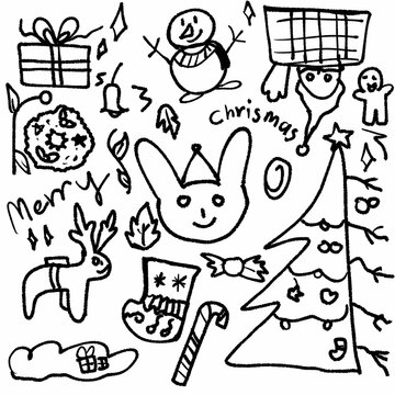 Doodles Christmas, trees, flower, symbol, reindeer , cookie, candy, present, Santa Claus
