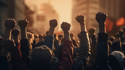 View of non-violent protesters with their fist raised - obrazy, fototapety, plakaty