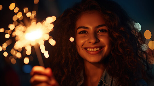 Cheerful young woman holding sparkler in hand outdoor, Closeup of beautiful woman holding a sparkling stick at party night, Girl celebrating new year’s eve and christmas holidays, generative ai
