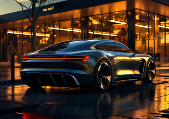 Electric car at an electric station. A silver sports car parked in front of a building