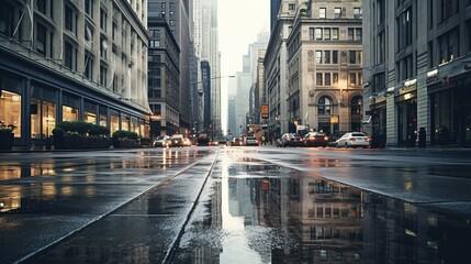 A hyper-detailed portrayal of a business district during a rainy day, with reflections bouncing off the wet pavement