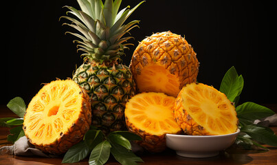 Fresh fruit pineapples ready to eat. A pineapple cut in half next to a bowl of sliced pineapples