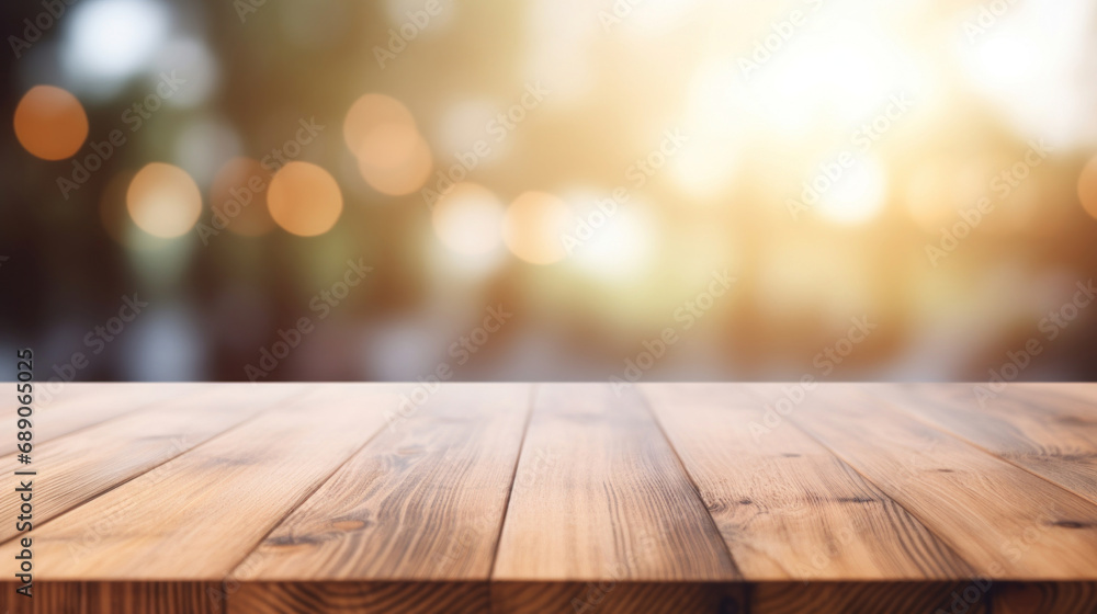 Poster wooden table top on bokeh background - can be used for display or montage your products
