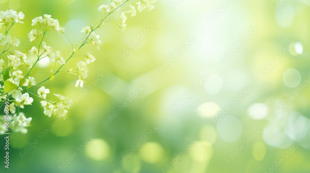 Poster beautiful spring flowers on green bokeh background with space for text