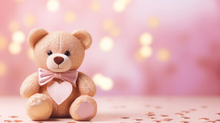 Toy bear with pink bow on pink background with bokeh