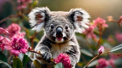 portrait koala in pink flower  tree 