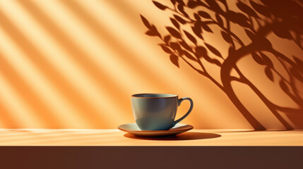 Cup of coffee on orange background with shadows.