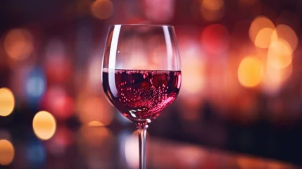 Foto op Plexiglas Red wine in a glass on a blurred background of a bar. © tashechka