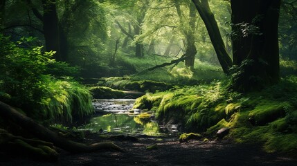 A lush forest scene with vibrant greenery, sunlight filtering through leaves, creating a calming and immersive environment