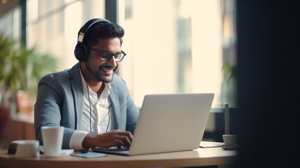 Young indian business man employee or executive manager wearing headphones sitting at workplace using mobile phone listening to business podcast or remote chatting by virtual call working in office