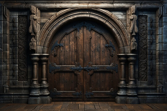 Ancient massive wooden doors in a medieval building.