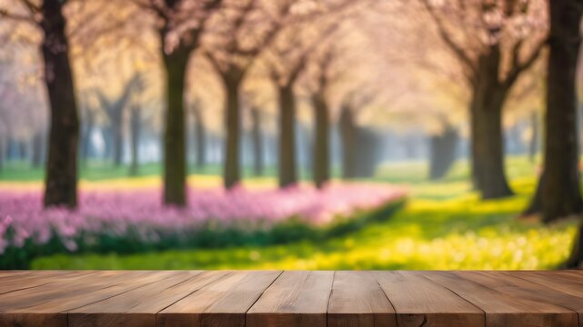spring flowers on wooden background,Empty wooden table in pink flower Park with garden bokeh backgraound with a country outdoor theme, Template mock up for display of product