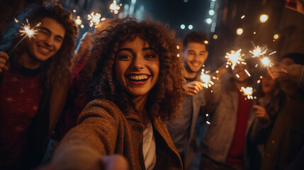 Group of friends enjoying out with sparklers, Young women and men enjoying with fireworks, Happy friends celebrating holding sparklers, generative ai - obrazy, fototapety, plakaty