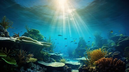 Fototapeta na wymiar A mesmerizing underwater scene with realistic marine life, coral reefs, and sunlight streaming through the water's surface