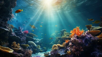 A mesmerizing underwater scene with realistic marine life, coral reefs, and sunlight streaming through the water's surface