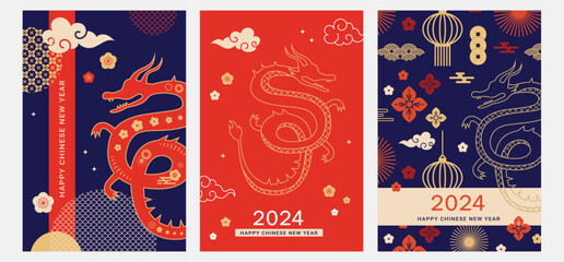 Chinese new year 2024 year of the dragon - red traditional Chinese designs with dragons. Lunar new year concept, modern vector design. Translation: Happy Chinese new year - obrazy, fototapety, plakaty