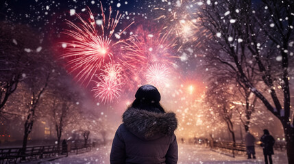 Rear view of woman watch their New Year fireworks display amazement and delight in a snowy park in front of firework display, generative ai - obrazy, fototapety, plakaty