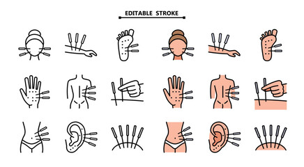 Acupuncture icons set outline vector. Meridian body. Live point thin line color flat on white isolated - obrazy, fototapety, plakaty