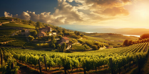 Vineyard landscape with an old winery building on a hill in a sunset sun rays. Rows of grapes. Generative AI