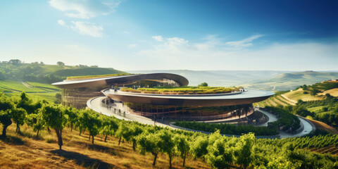 Vineyard landscape with a modern winery building on a hill under stunning sky. Rows of grapes. Generative AI
