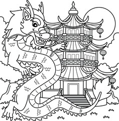 Year of the Dragon with Pagoda Coloring Page 