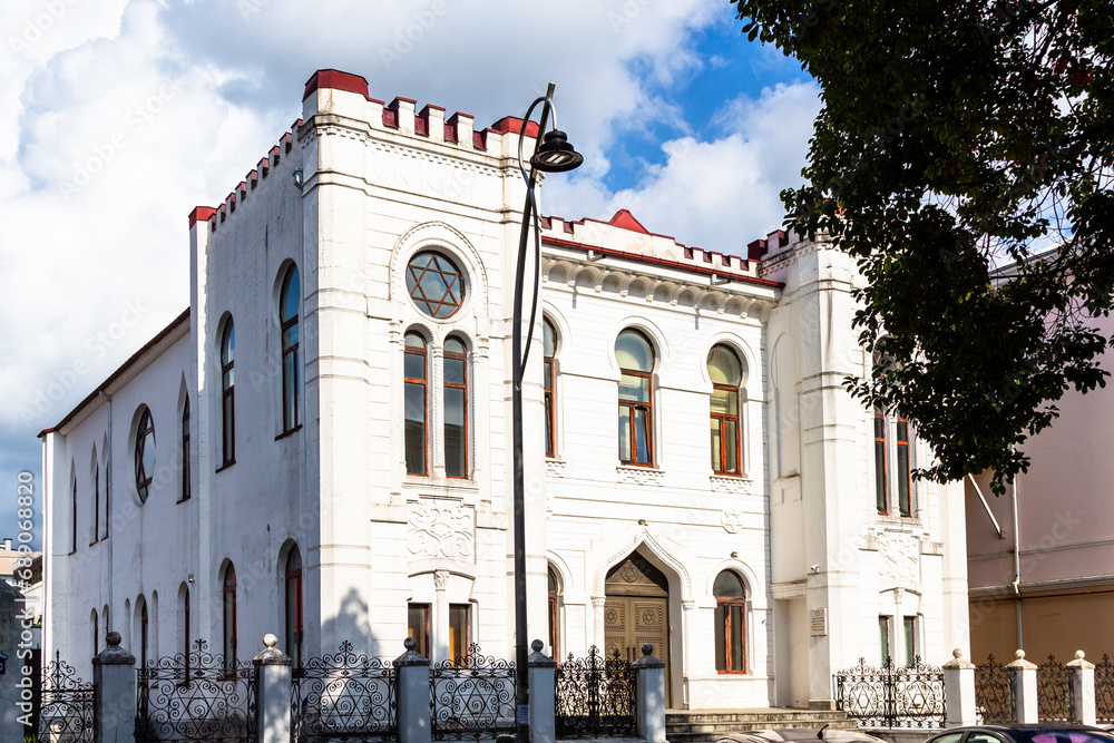 Poster travel to Georgia - building of Batumi Synagogue in Batumi city on sunny autumn day