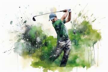 Tranquil Golf player watercolor. Club summer flag. Generate Ai - obrazy, fototapety, plakaty