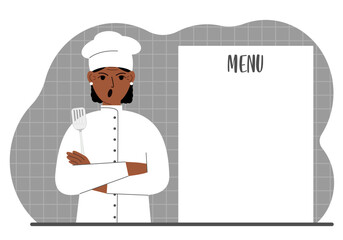 A chef in a cap stands next to a white sheet for placing a menu for a restaurant or cafe.