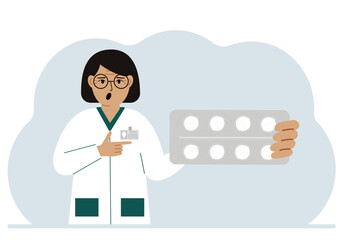 A female doctor in a white coat holds a large plate with pills. Vector