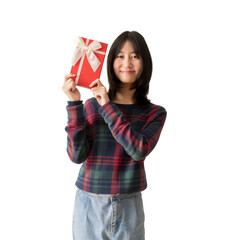 Portrait happy smiling Asian teenager girl in Christmas sweater hold hand gift box x-mas new year, isolated on white and transparent background