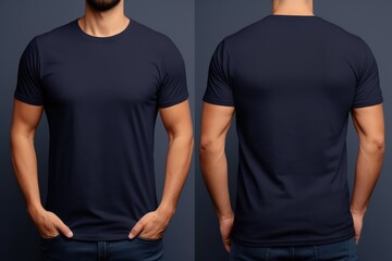 Simple Navy Tshirt Mockup With Male Model, Front And Back Views - obrazy, fototapety, plakaty
