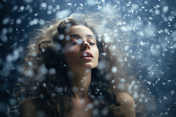Obraz premium Young girl in freezing weather with snowflakes falling in the background, falling snowflakes on woman