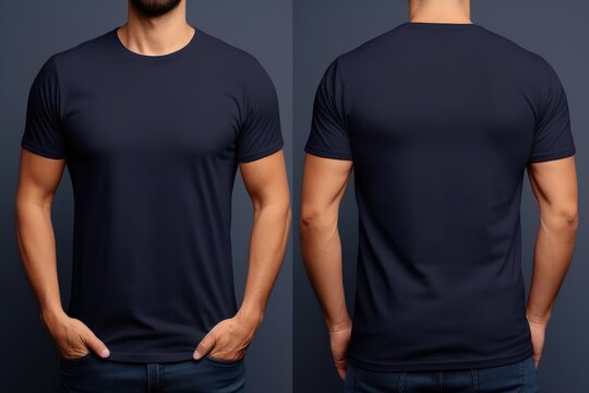Simple Navy Tshirt Mockup With Male Model, Front And Back Views
