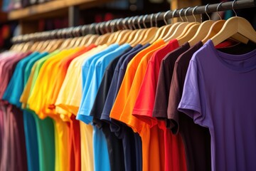 Colorful Tshirts Hanging For Sale In Shop. Сoncept Trendy Tshirt Collection, Vibrant Fashion Finds, Shop The Rainbow, Summer Sale Picks