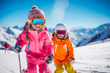 Fototapeta na wymiar Skiing, winter, snow, sun and fun - portrait of kids having fun. Child skiing in the mountains. Vacation and outdoor snow fun. 