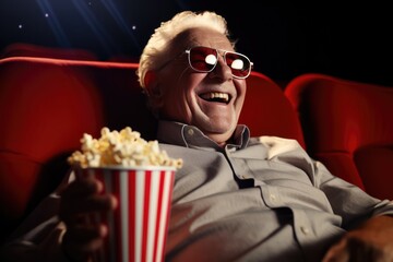 Elderly Man Indulging In Movie With Popcorn At Theater. Сoncept Elderly Man, Movie Theater, Popcorn, Indulging, Joyful