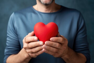 Fototapeta premium Man Holding Red Heart, Suggesting Love Or Health