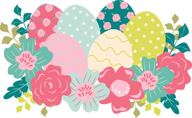 cute spring easter eggs with flower Floral bouquet Hand-Drawn Vector Clipart sublimation Designs for decorating invitations, greeting cards, celebration cards, posters, stickers, party decoration
