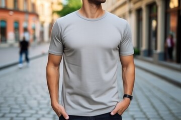 Fototapeta premium Man In Grey Tshirt On The Street, Mockup